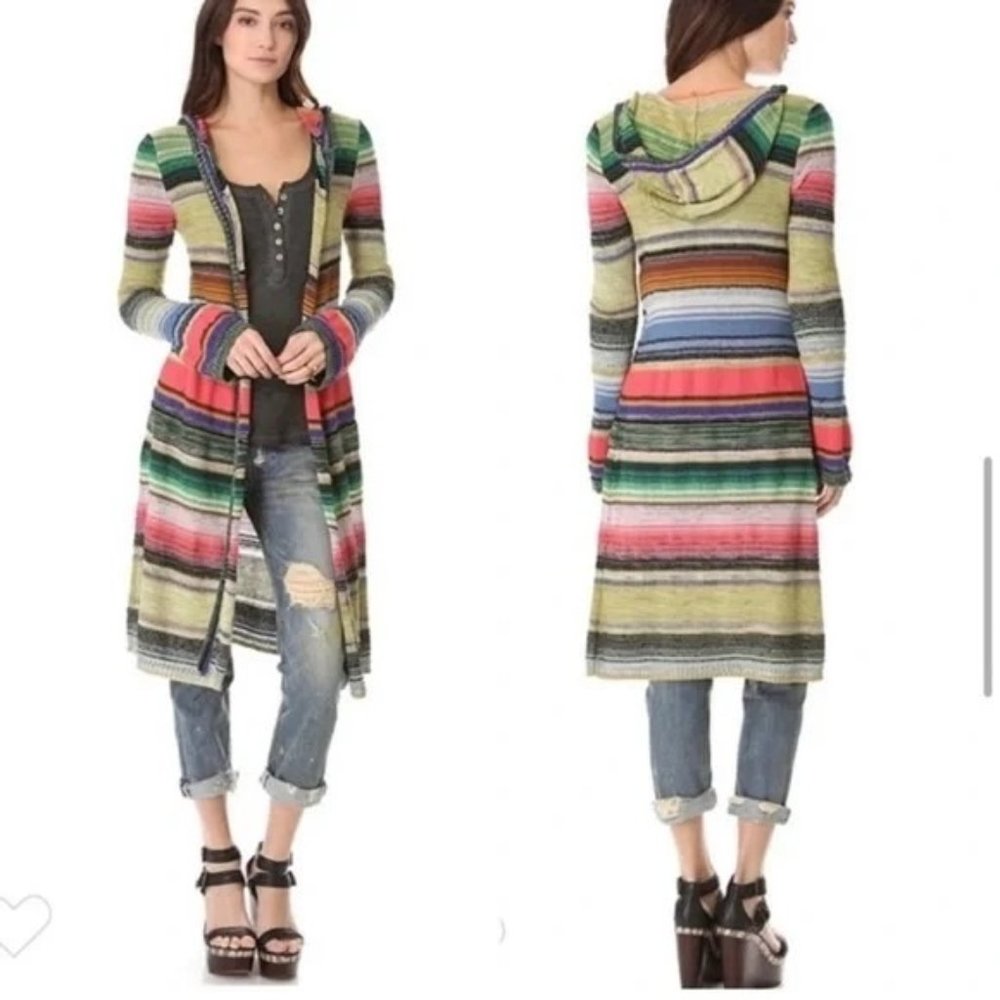 Free People Serape Duster Cardigan Rainbow Knit Trench Length-Beautiful!